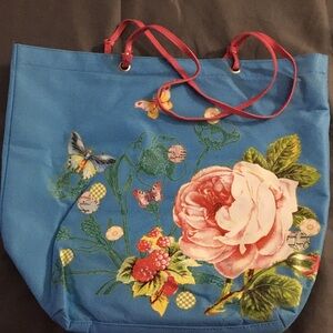 Two’s Company Blue and Pink Floral Jute Tote Bag